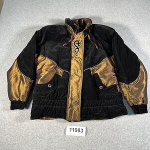 Vintage 80s Karizma East Jacket Womens Medium Black Gold Cotton Velvet Full Zip